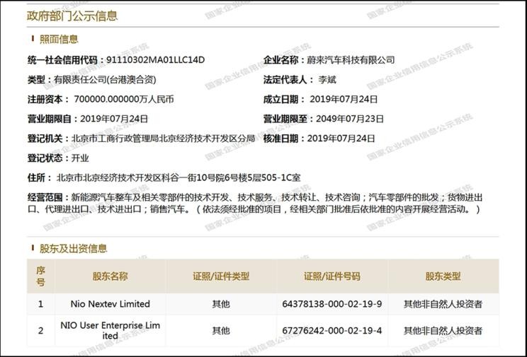 注册资本70亿 蔚来在北京成立科技公司