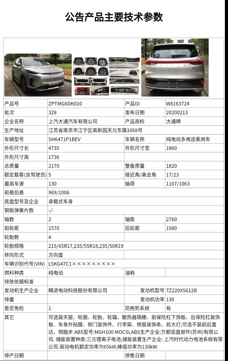 上汽MAXUS 首款全新纯电动SUV EUNIQ 6申报信息曝光