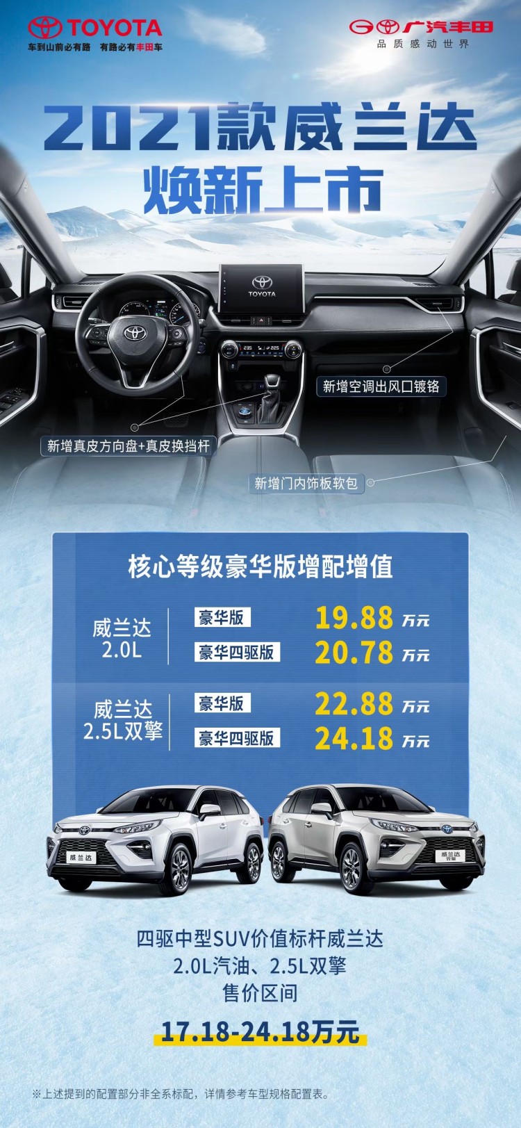 部分车型配置升级 广汽丰田威兰达售19.88万起
