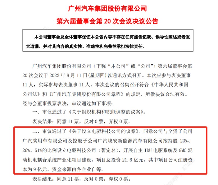 广汽集团：拟21.6亿元设立电驱科技公司 