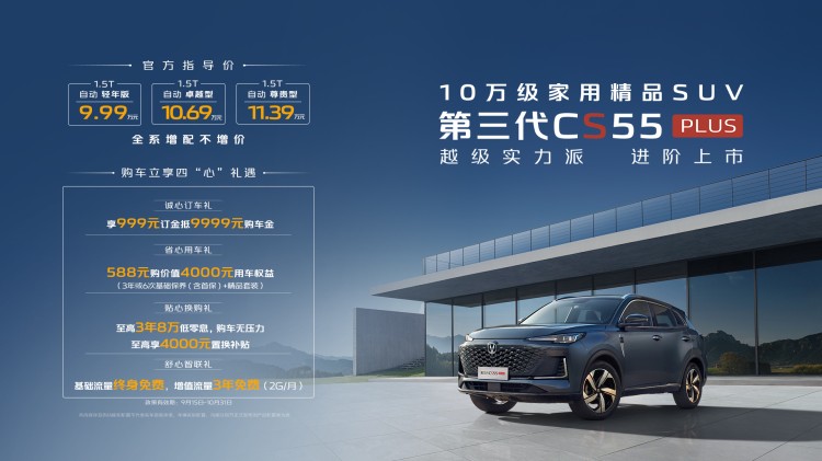 15项品质升级，长安第三代CS55PLUS售9.99万起 